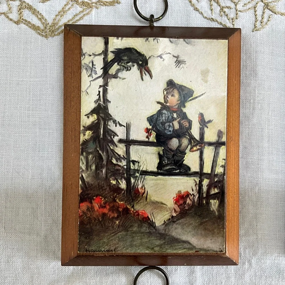 Vintage Hummel Wood Wall Plaques Set of 4 Children Umbrella Rabbits Crow Signed